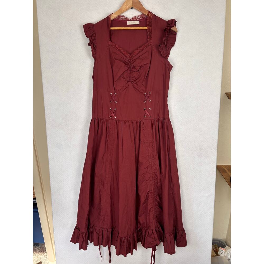 Belle Poque Burgundy Cottagecore Corset Lace Midi Dress Ruffle Gothic XL Costume - Picture 2 of 8